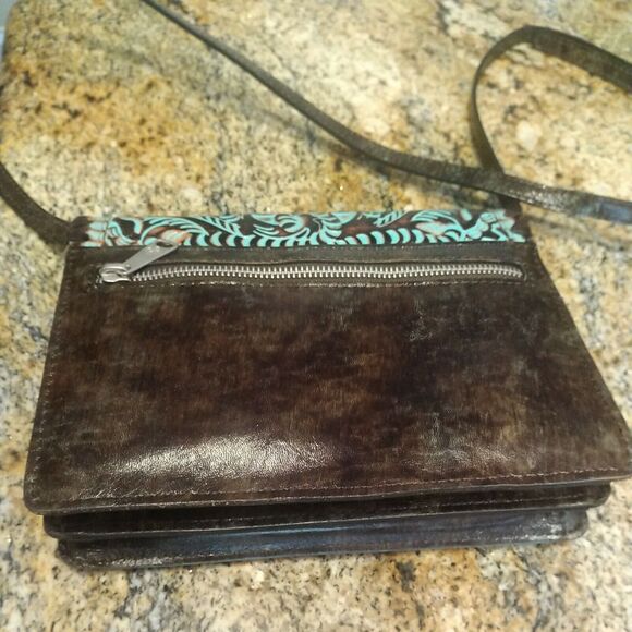 Patricia Nash tooled turquoise and brown Poppy Leather Crossbody Purse $250 EUC - Picture 10 of 12